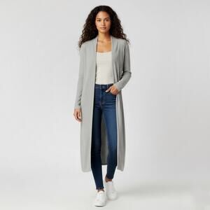 360 Sweater 100% Cotton Open Front Ribbed Long Duster Cardigan Gray Size Small